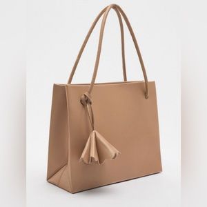 Zara beige tote bag embellished shoulder straps lined